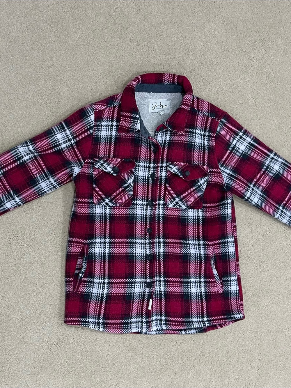 Women’s Burgundy Red Black White Plaid Fleece Button-Front Shirt Jacket size M